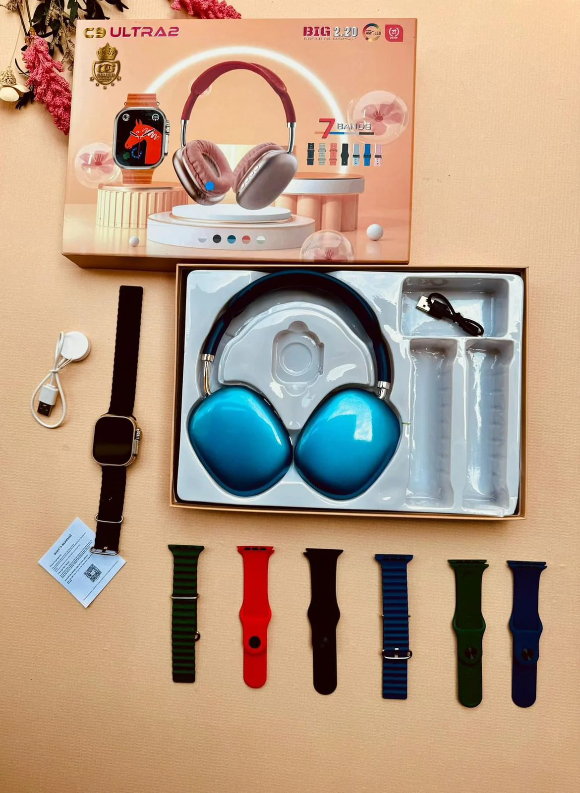 C9 Ultra 2 smart watch with P9 Wireless Headphones and 7 straps At Best Price In Pakistan - Qureshi Products